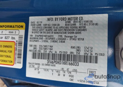 2019 Ford Fusion Se из США, поврежденный, VIN 3FA6P0HD1KR166033
